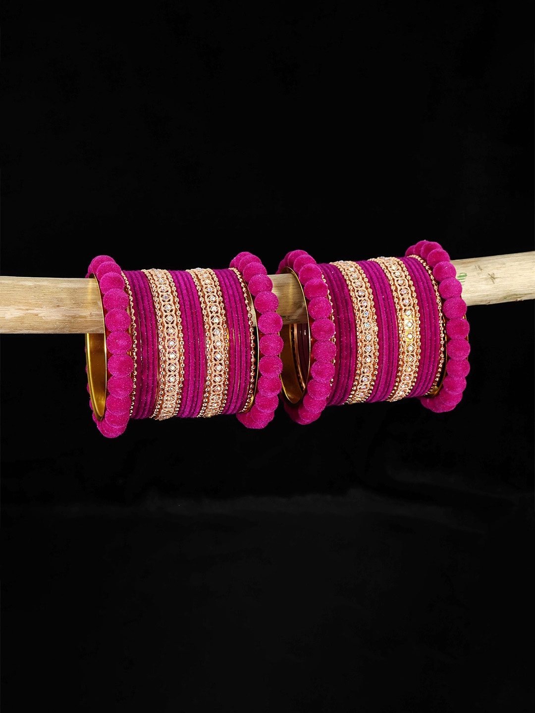 

ZULKA Set of 38 Stylish Metal Bangles Chuda with Zircon Diamond & Bells Latkan, Magenta
