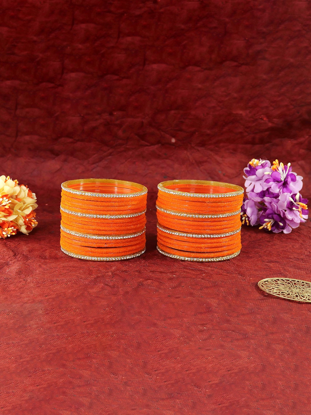 

ZULKA Set of 32 Glass with Velvet & Golden Zircon Diamond Stone Bangles, Green