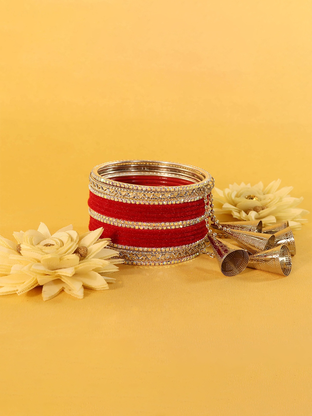

ZULKA Set of 42 Stylish Silver Oxidised Metal Bangles with Diamond Bangles, Red