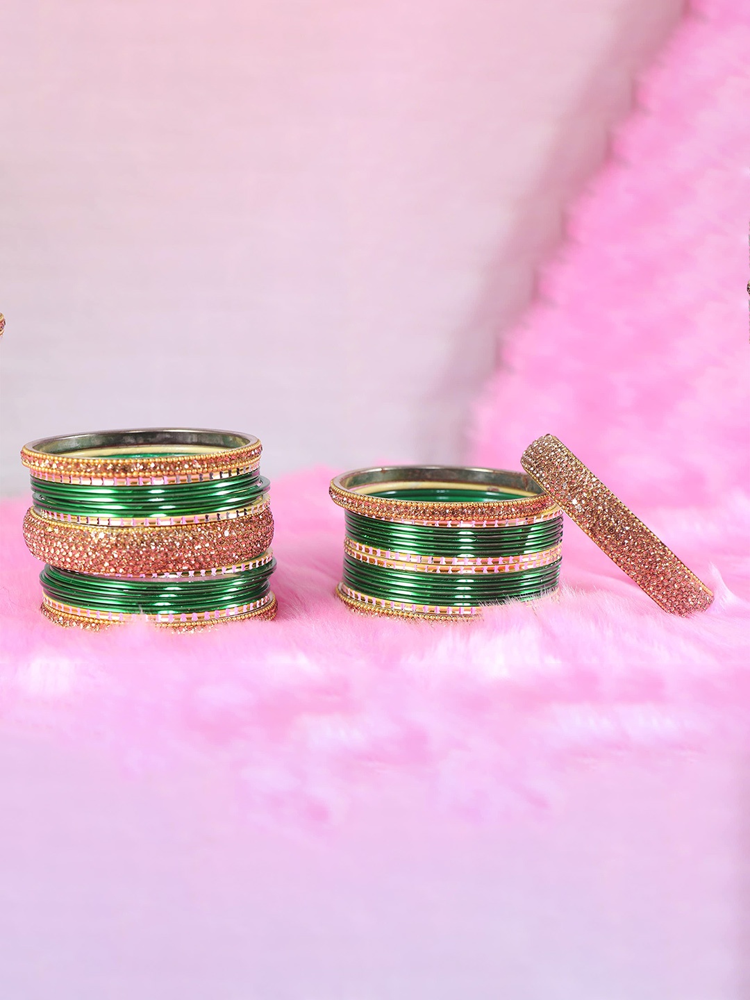 

ZULKA Set of 30 Zircon Gemstone Studded and Ball Chain Linked Metal Bangles, Green