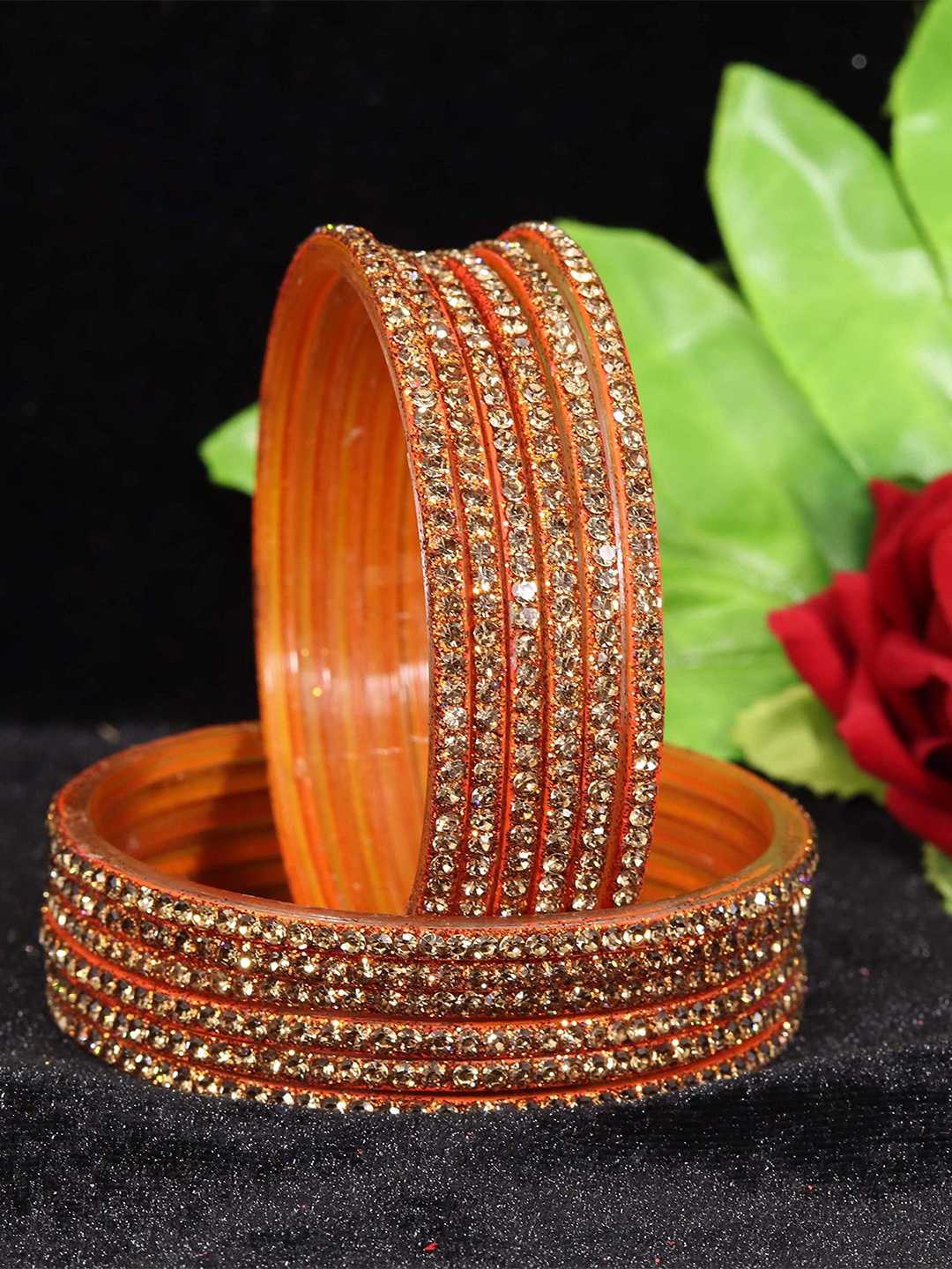 

ZULKA Set of 12 Glass With Zircon Gemstone Studded Glossy Finished Bangle, Silver