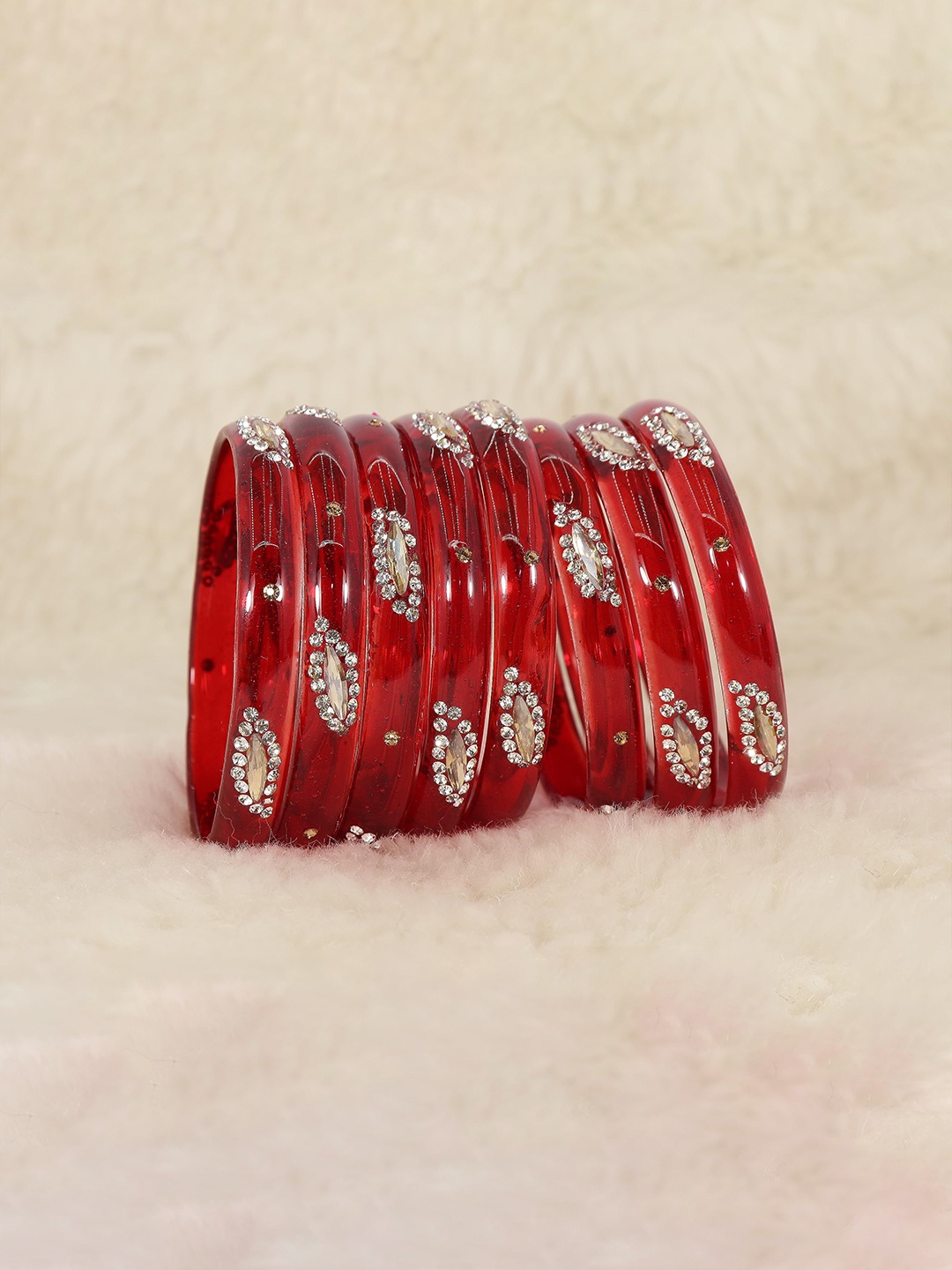 

ZULKA Set of 8 Alloy Base Artificial Studded Glass Bangles, Red