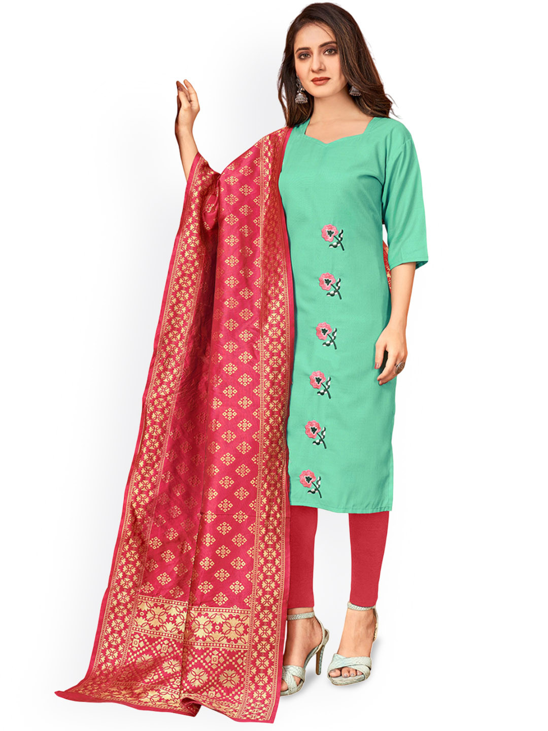 

Maroosh Floral Embroidered Glaze Cotton Unstitched Dress Material, Sea green