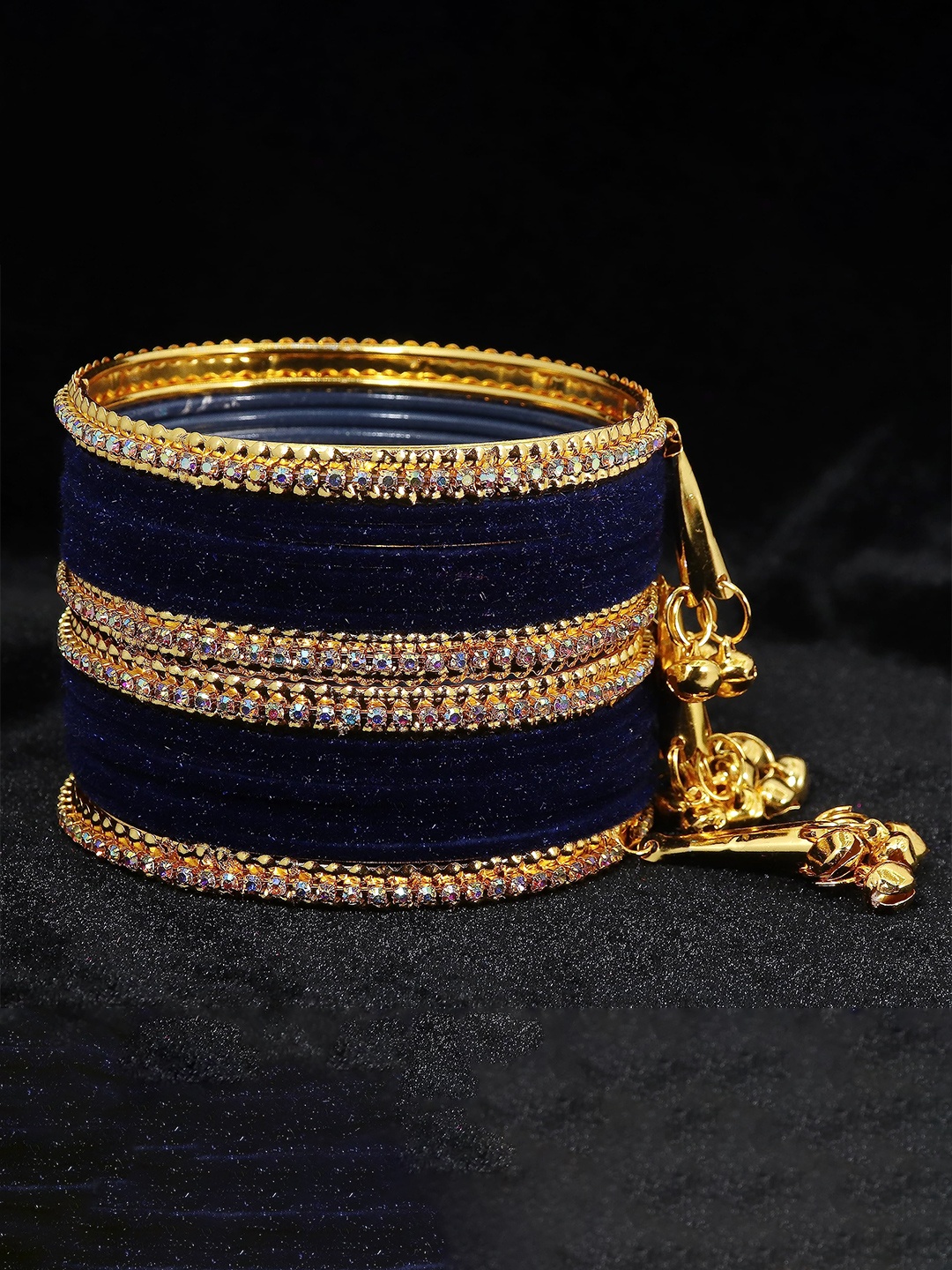 

ZULKA Set of 16 Metal with Zircon Gemstone and Velvet Studded Latkan Bangles, Peach