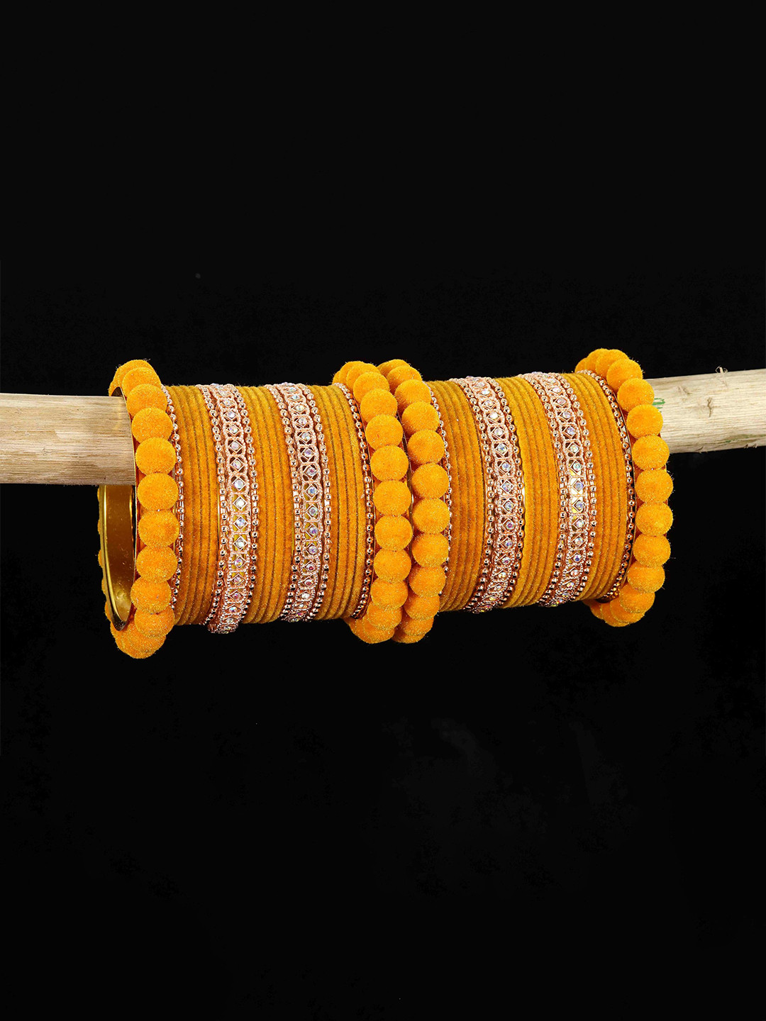 

ZULKA Set of 44 Gold Metal Velvet Bangles Chuda with American Diamond & BallChain, Maroon