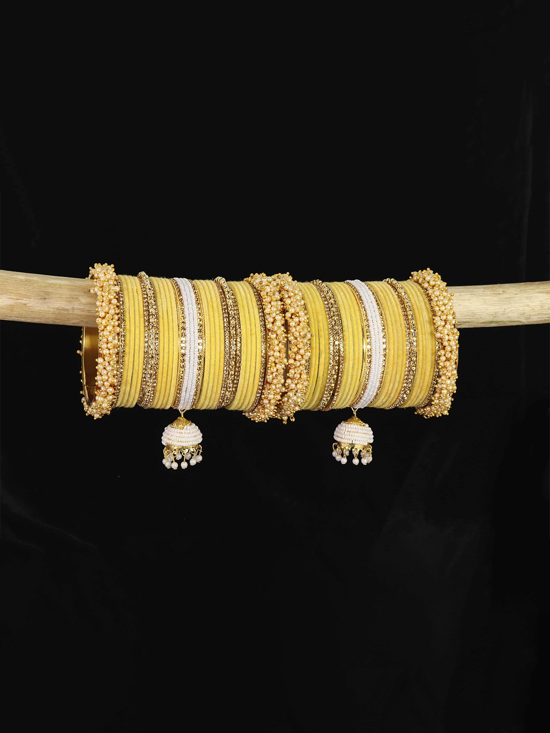 

ZULKASet of 54 Latest Metal with Pearls Zircon & Velvet Bangles Bridal Chuda with Latkan, Multi