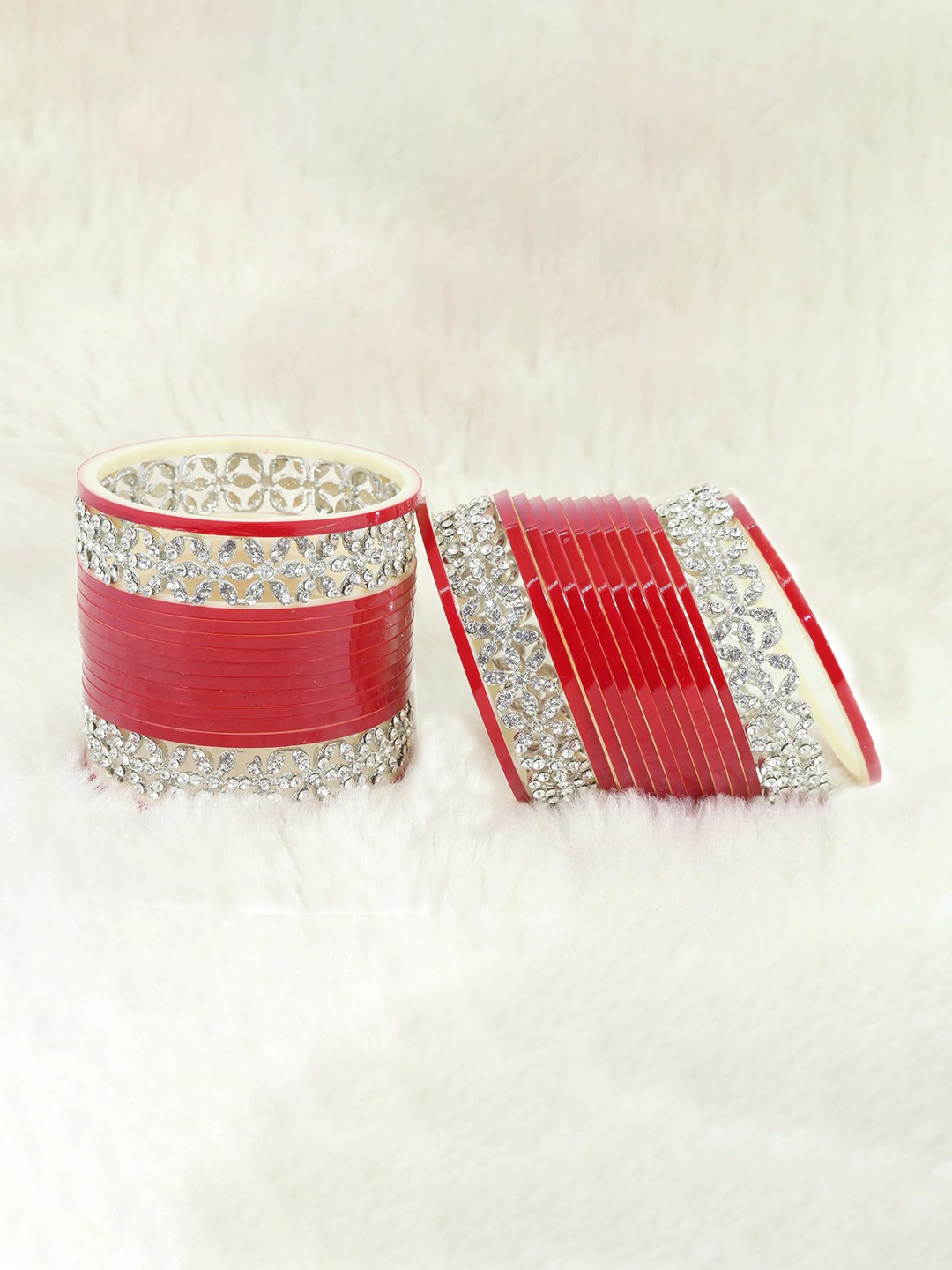 

ZULKA Set of 44 Gold Metal Velvet Bangles Chuda with American Diamond & BallChain, Red