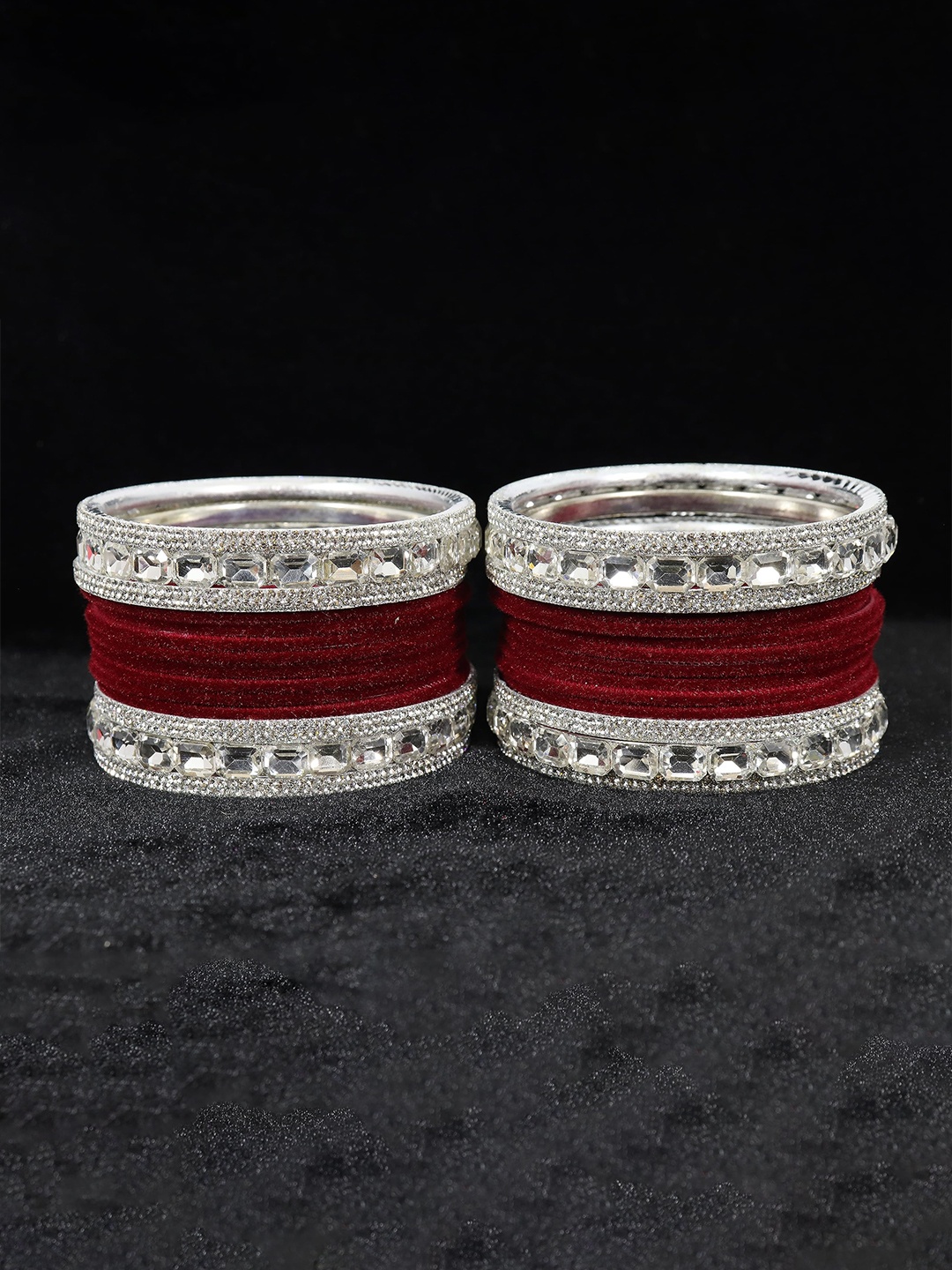 

ZULKA Set Of 28 Alloy Base Velvet Finish Artificial Studded Bangles, Silver