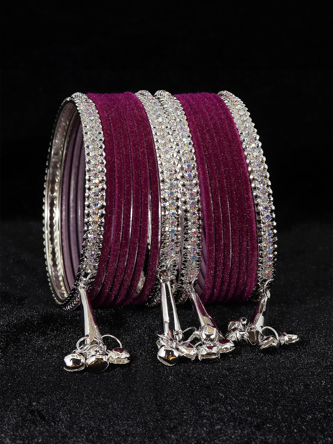 

ZULKA Set of 16 Metal with Zircon Gemstone Studded Latkan Velvet Bangles, Purple