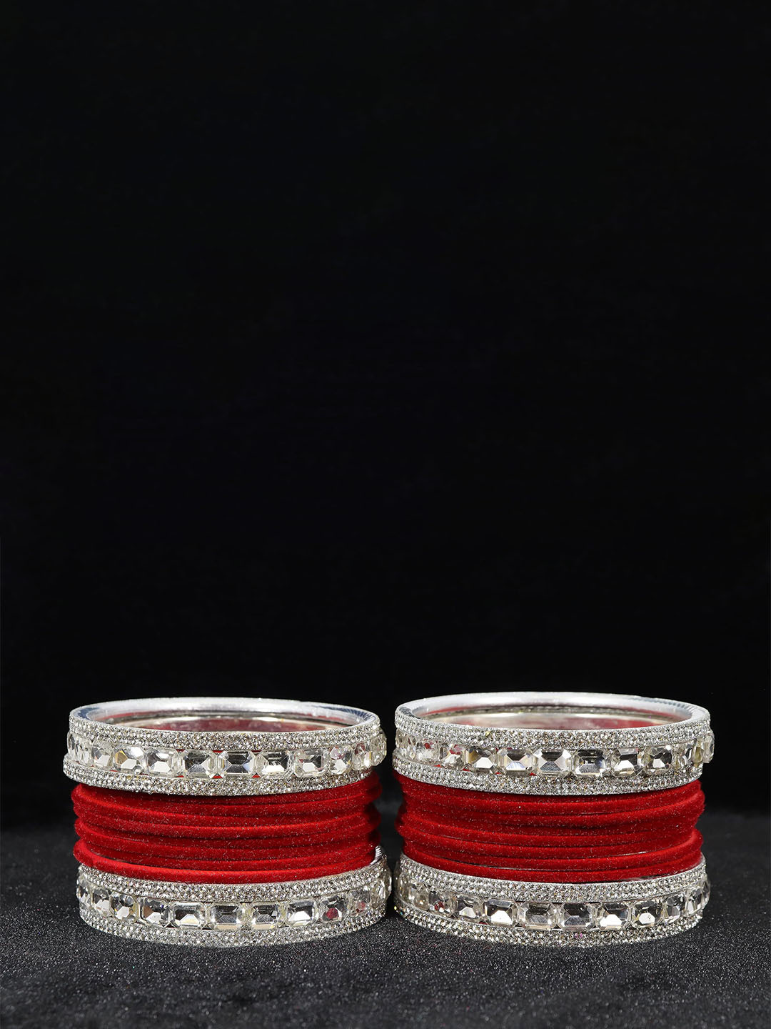

ZULKA Set OF 28 Metal Bangles Studded with Zircon Gemstone and Velvet Bangles, Silver