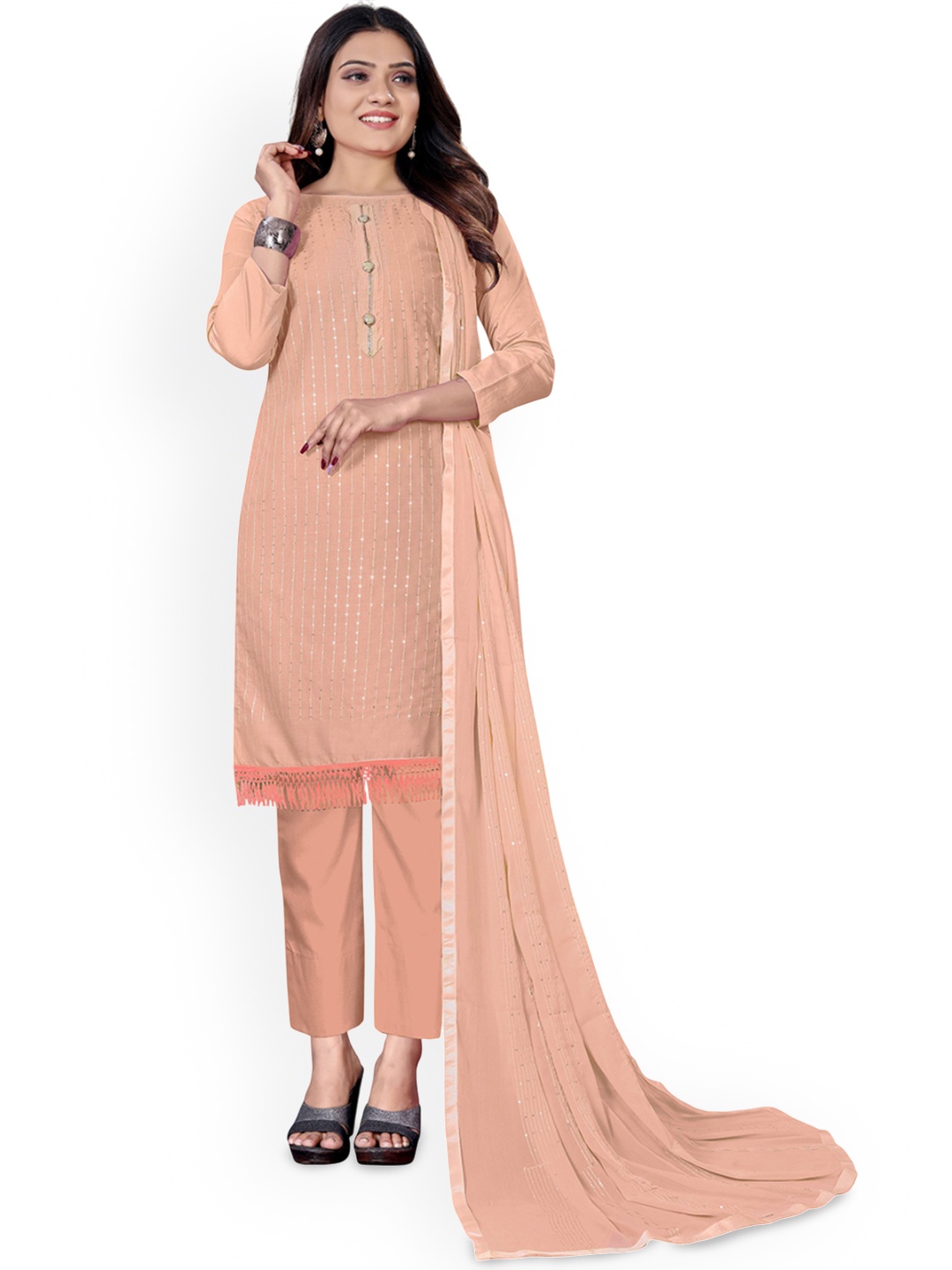 

Maroosh Striped Embellished Sequinned Cotton Unstitched Dress Material, Peach