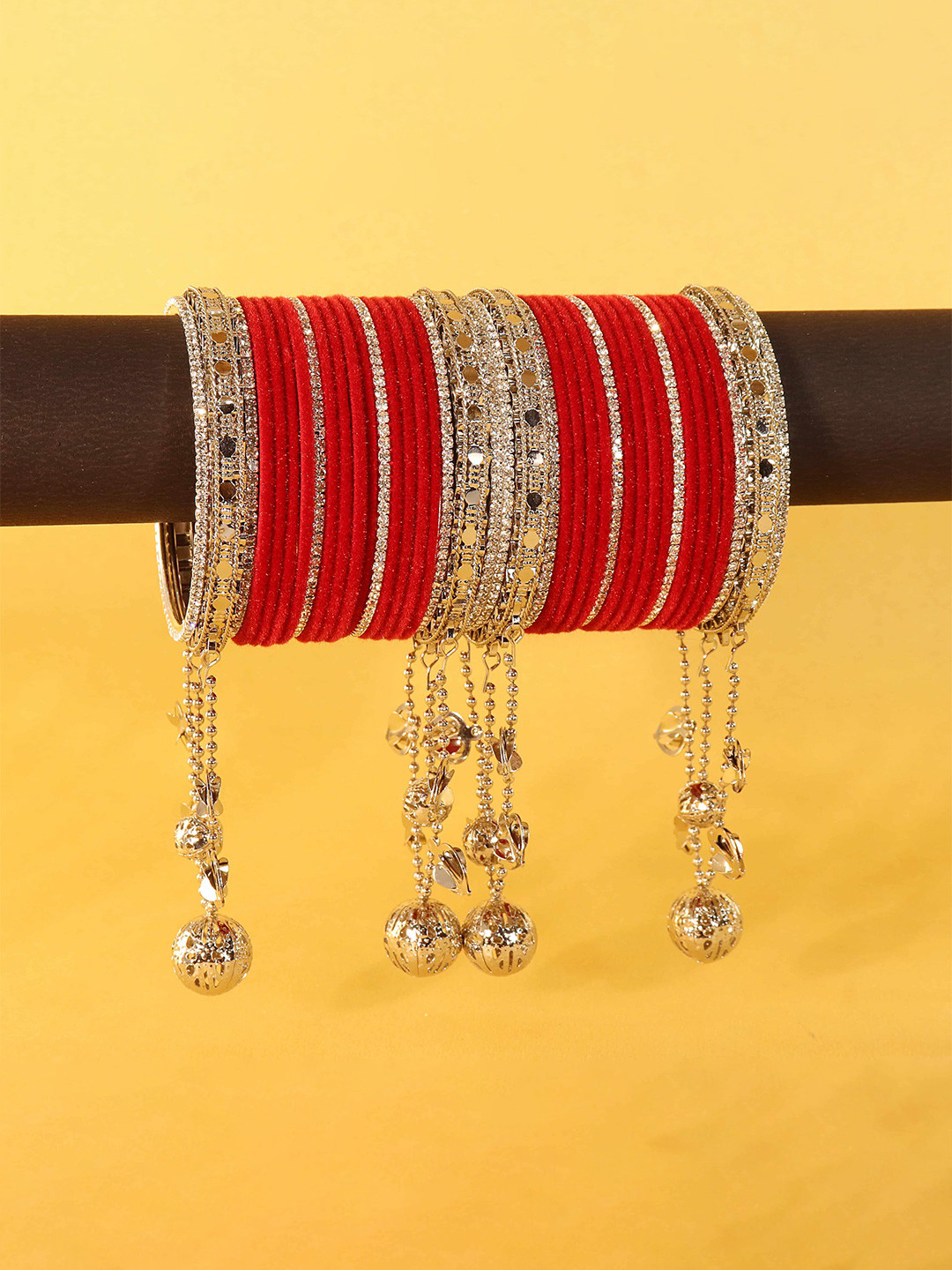 

ZULKA Set of 32 Fancy Silver Latkan Metal Bangles with Zircon Stone Bangle, Pink
