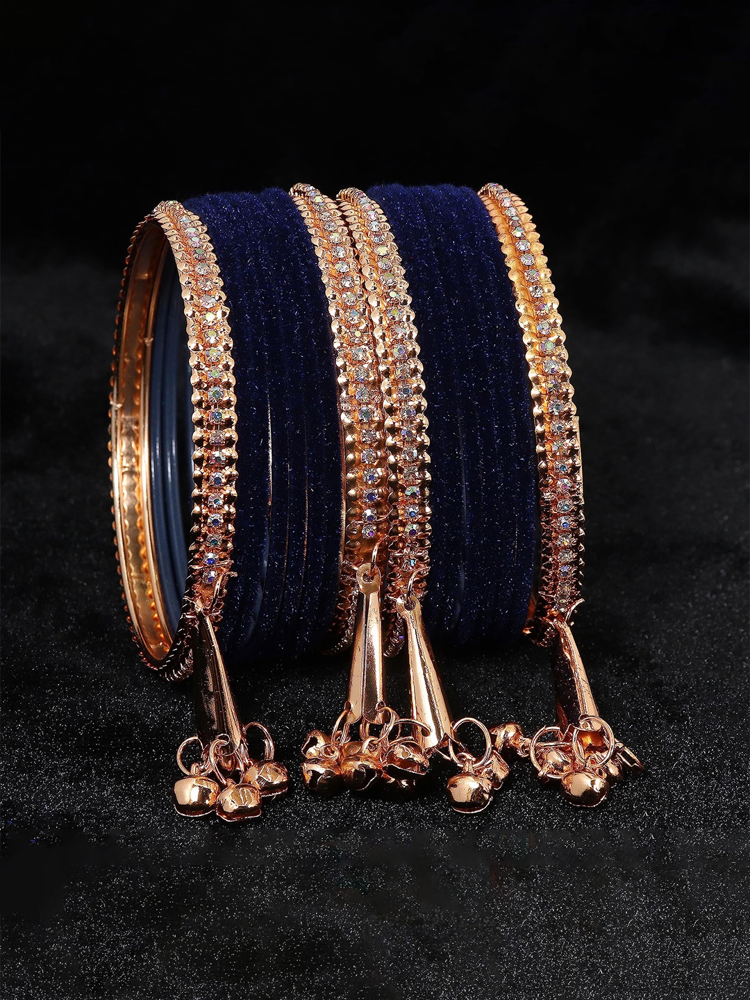 

ZULKA Set of 16 Metal Zircon Gemstone & Velvet Studded Latkan Bangles, Navy blue