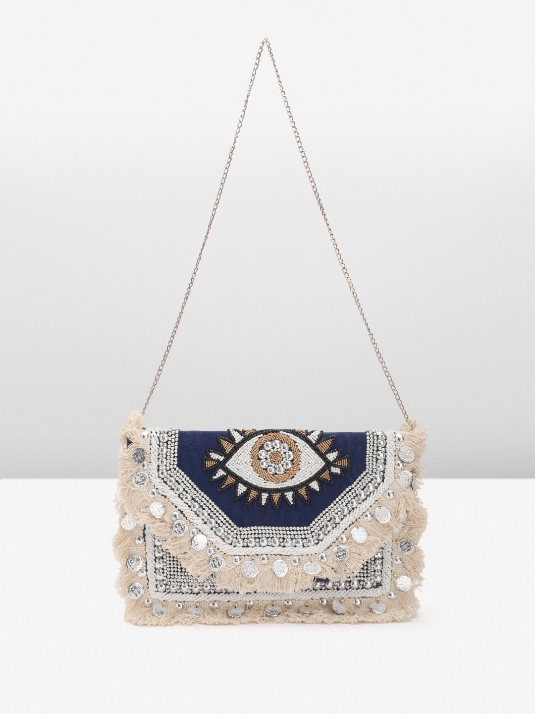 

Sangria Embellished Pure Jute Foldover Clutch, Navy blue