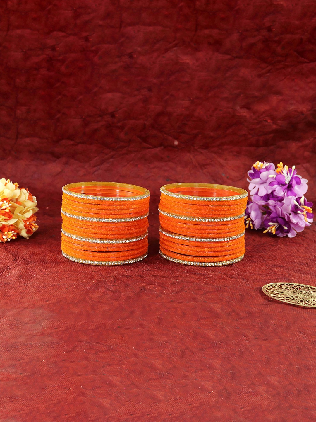 

ZULKA Set of 32 Glass with Velvet Zircon Studded Bangle, Orange