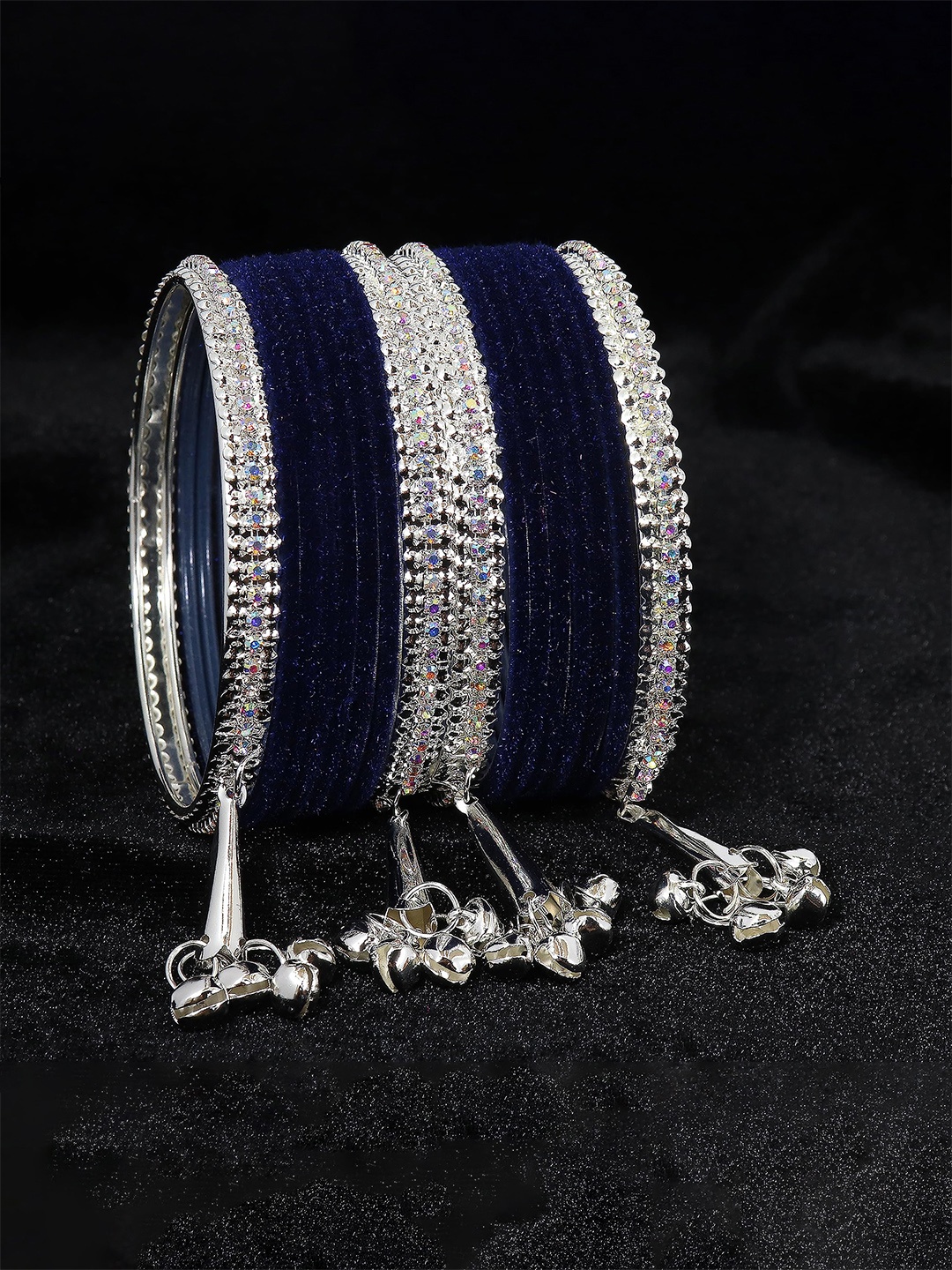 

ZULKA Set of 16 Women Zircon Stone Studded Velvet Latkan Metal Bangles, Blue