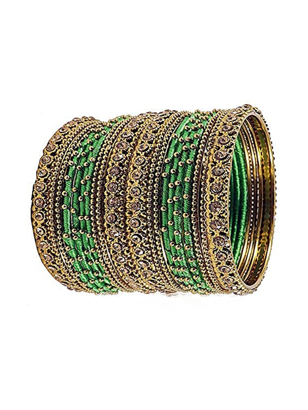 

ZULKA Set of 28 Metal With Zircon Gemstone Studded Traditional Bangle, Green