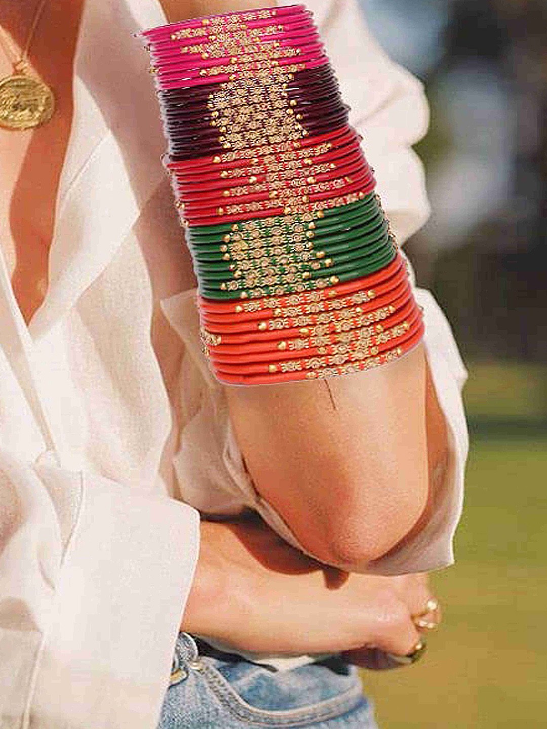 

ZULKA Set of 4 Glass with Zircon Gemstone and Beads Studded Glossy Finished Kada Bangles, Multi
