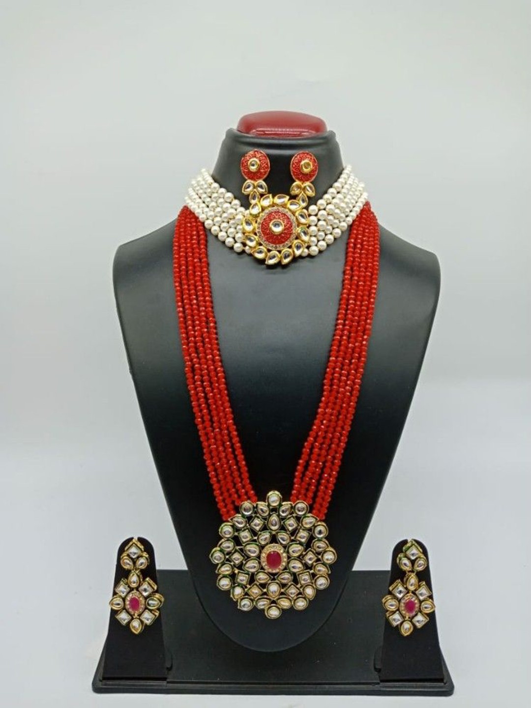 

Gyaan Jewels Gold-Plated Kundan Studded Beaded Necklace and Earrings