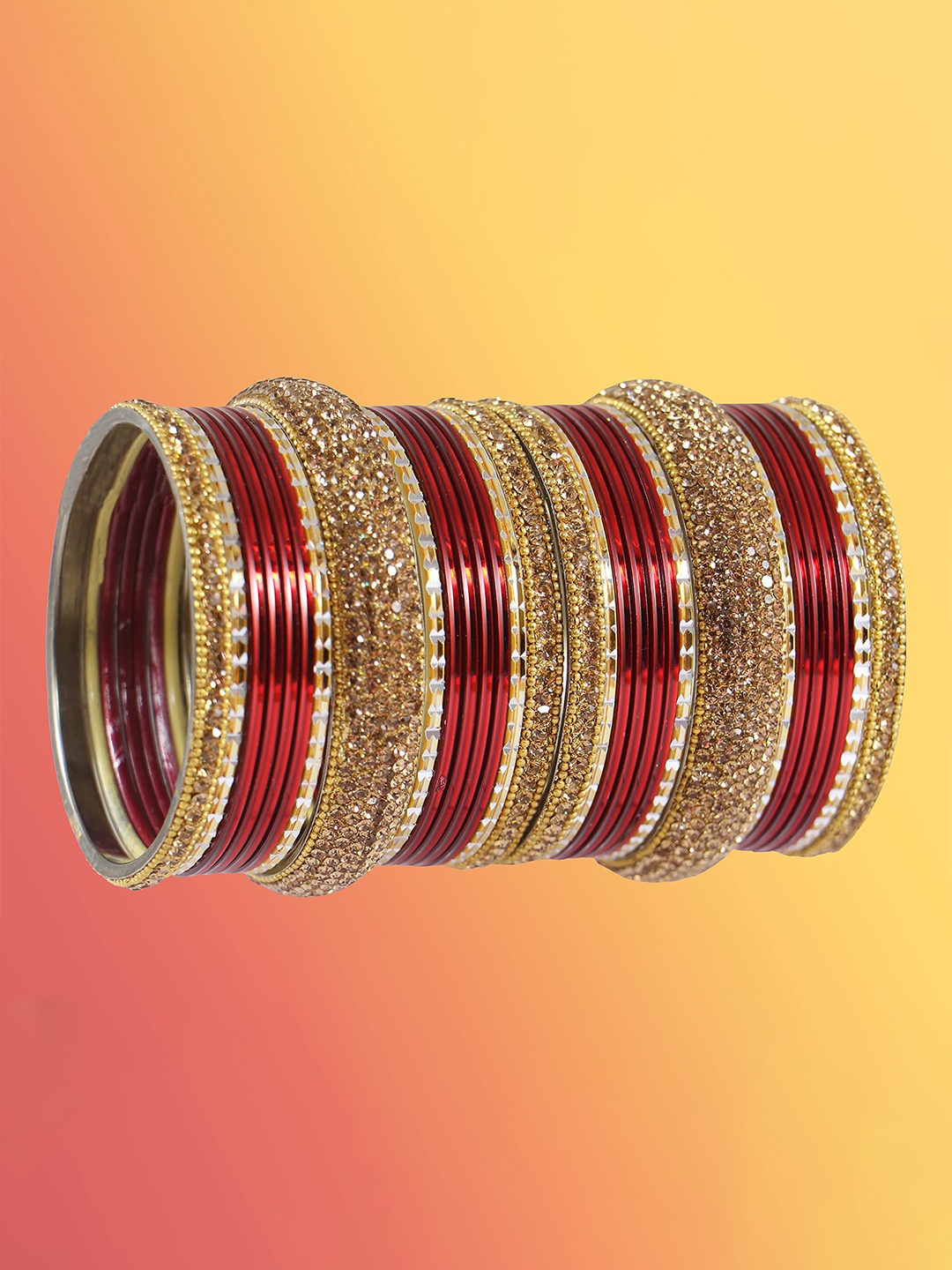 

ZULKA Set of 30 Artificial Stones and Beads Studded Bangles, Red