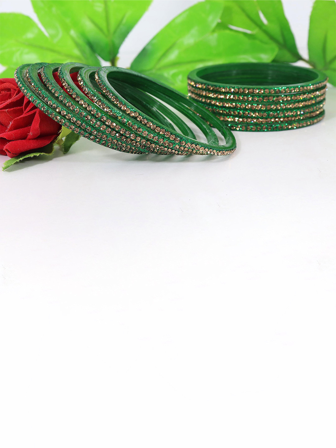 

ZULKA Set of 12 Glass With Zircon Gemstone Studded Glossy Finished Bangle, Grey