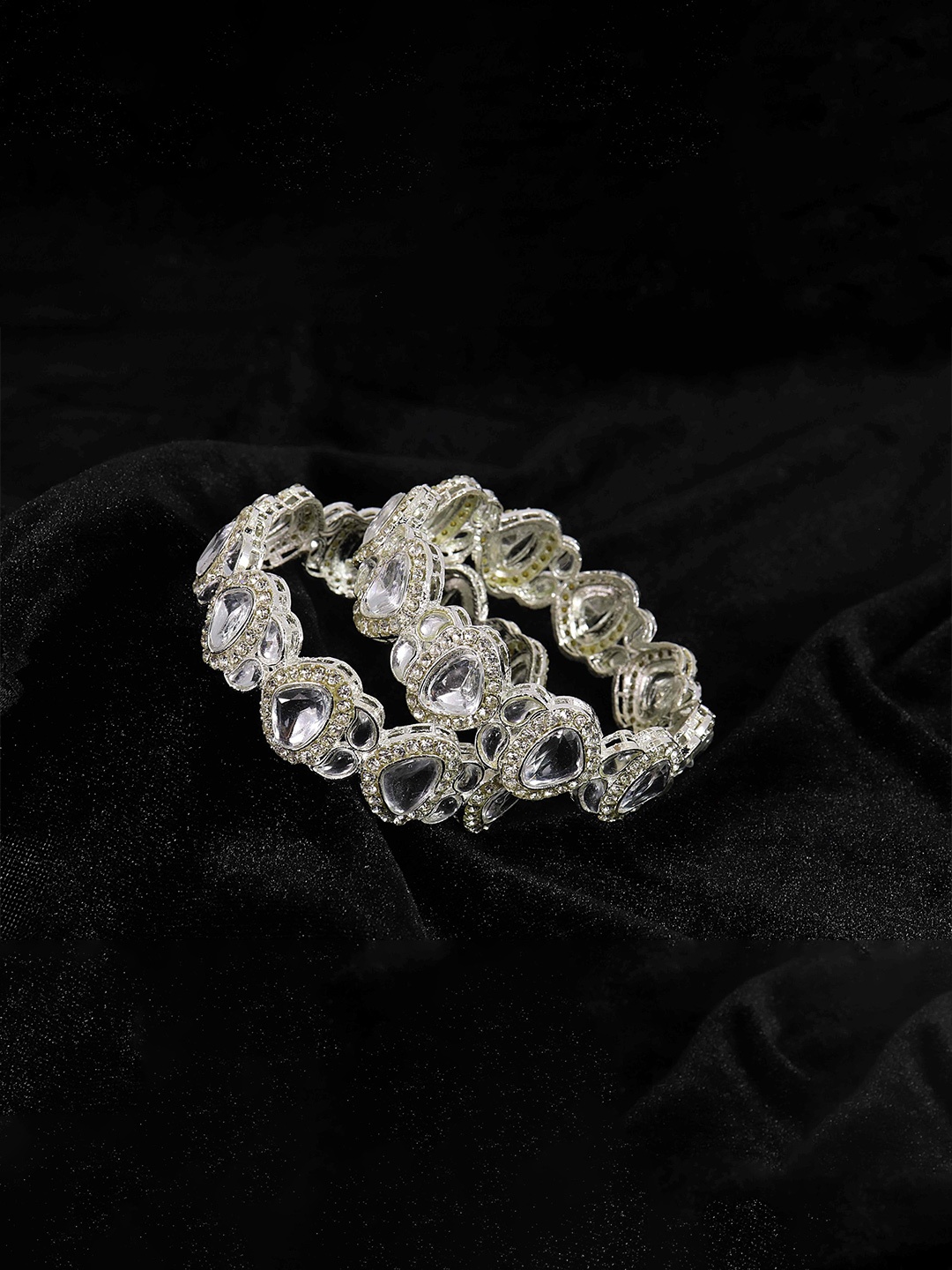 

ZULKA Set Of 2 Zircon Diamond & Kundan Mirror Kada Bangles, Silver