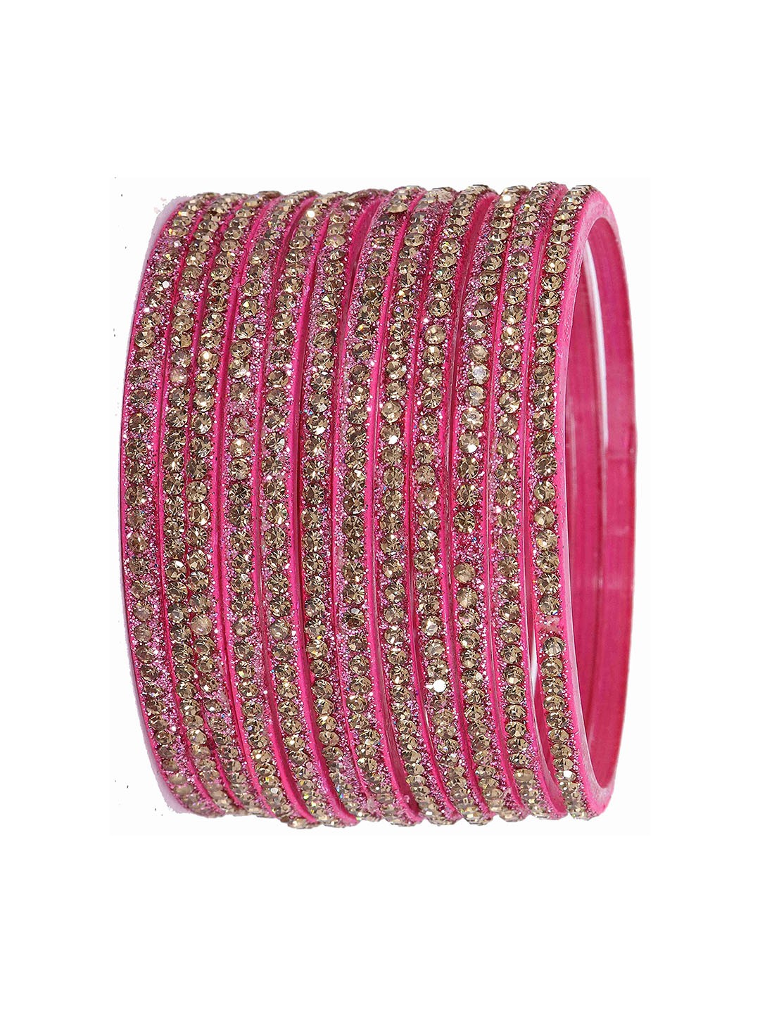 

ZULKA Set of 12 Glass With Zircon Gemstone Studded Glossy Finished Bangles, Magenta