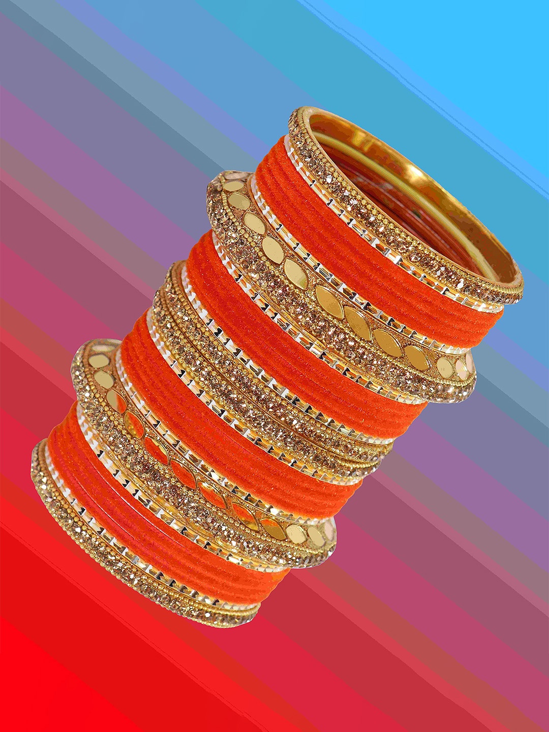 

ZULKA Set of 60 Gold Plated Metal Bangles Chuda with Zircon Stone & Beads, Red