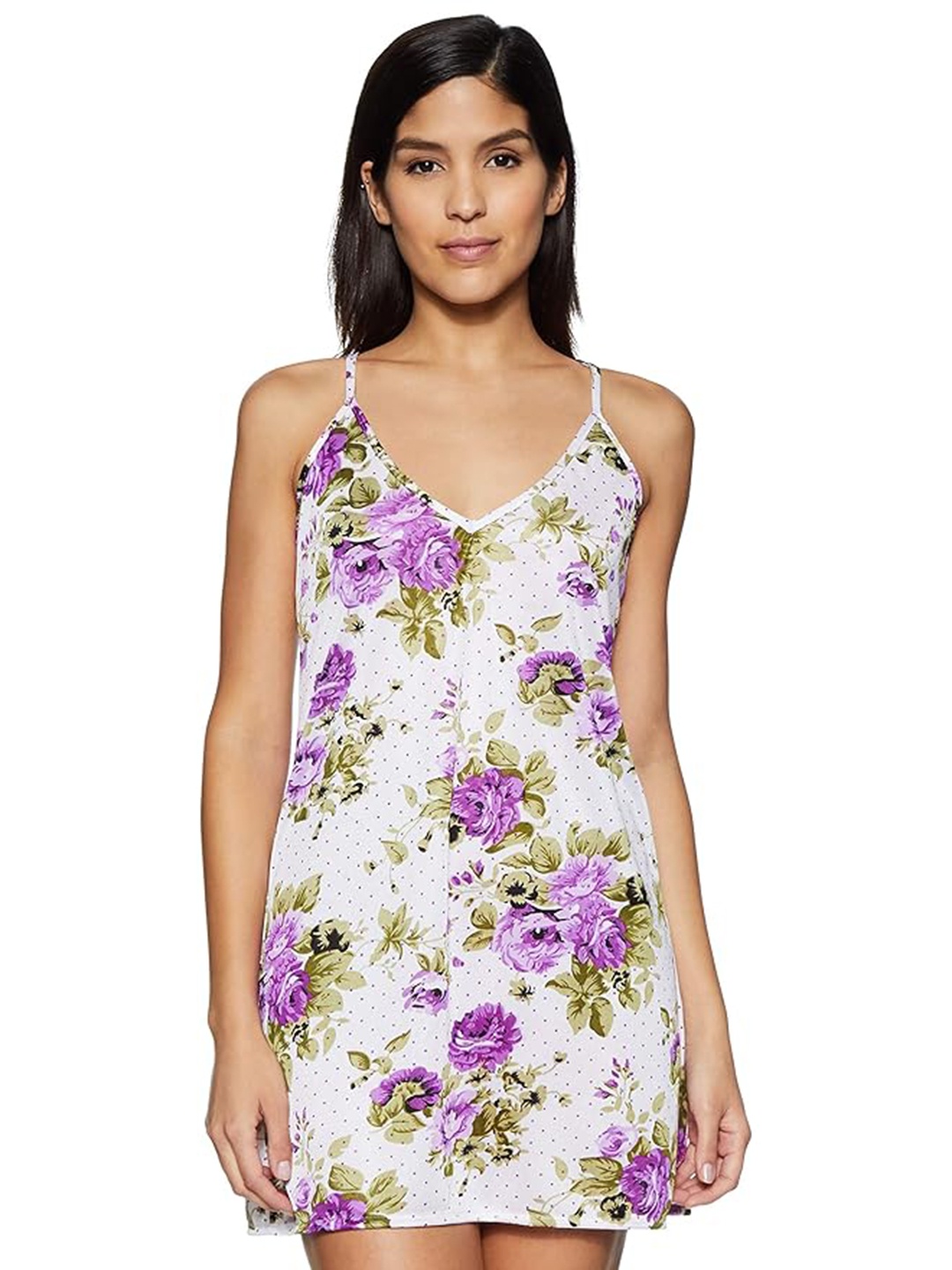 

Noty Women Floral Printed Shoulder Straps Nightdress, Purple