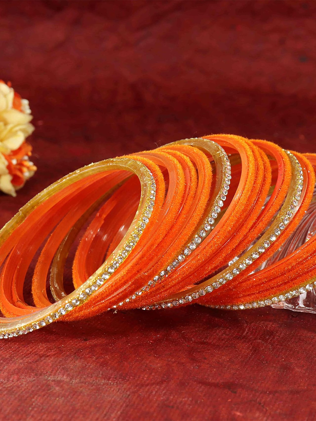 

ZULKA Set of 32 Glass with Velvet & Golden Zircon Diamond Stone Bangles, Orange