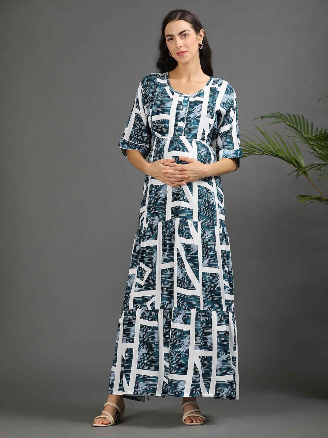 

GOLDSTROMS Women Printed Maternity Long Ethnic Dress, Sea green