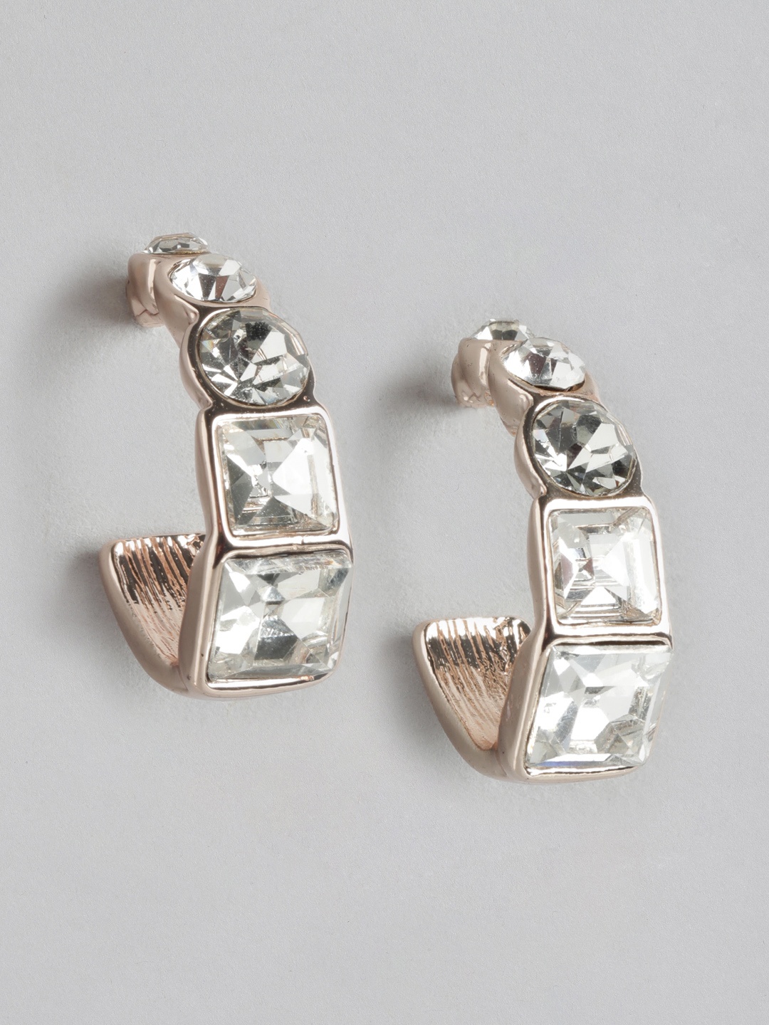 

Forever New Rose Gold Plated Crystal Studded Contemporary Half Hoop Earrings
