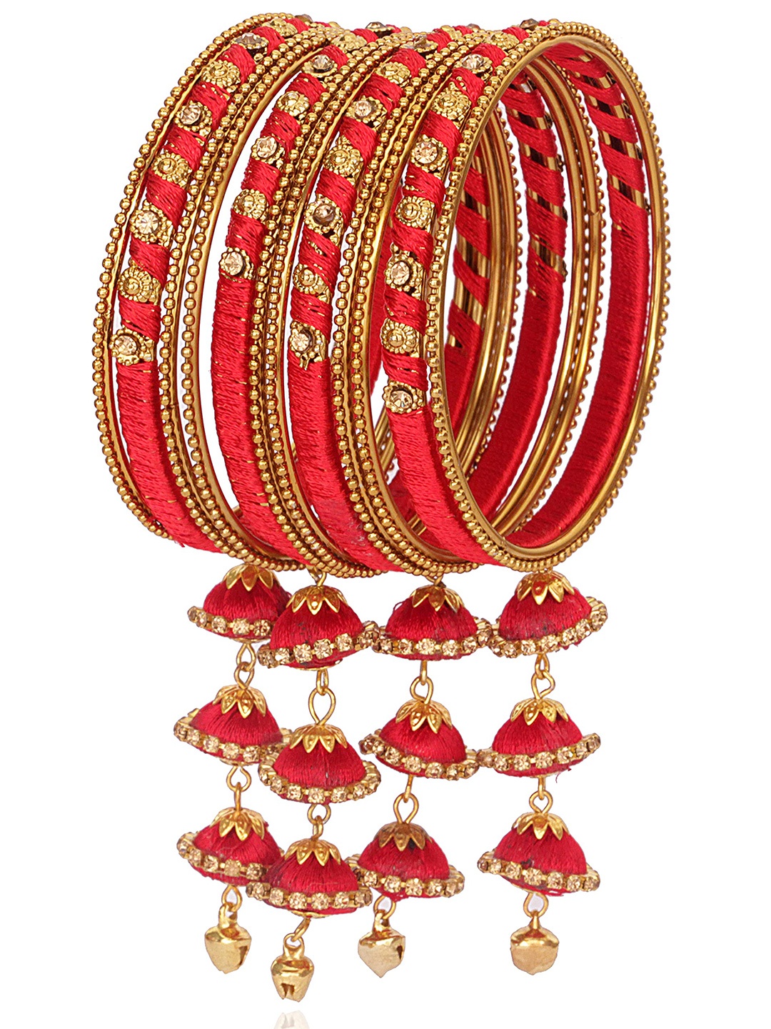 

ZULKA Set Of 20 Women Silk Thread Worked Metal Bangle, Red