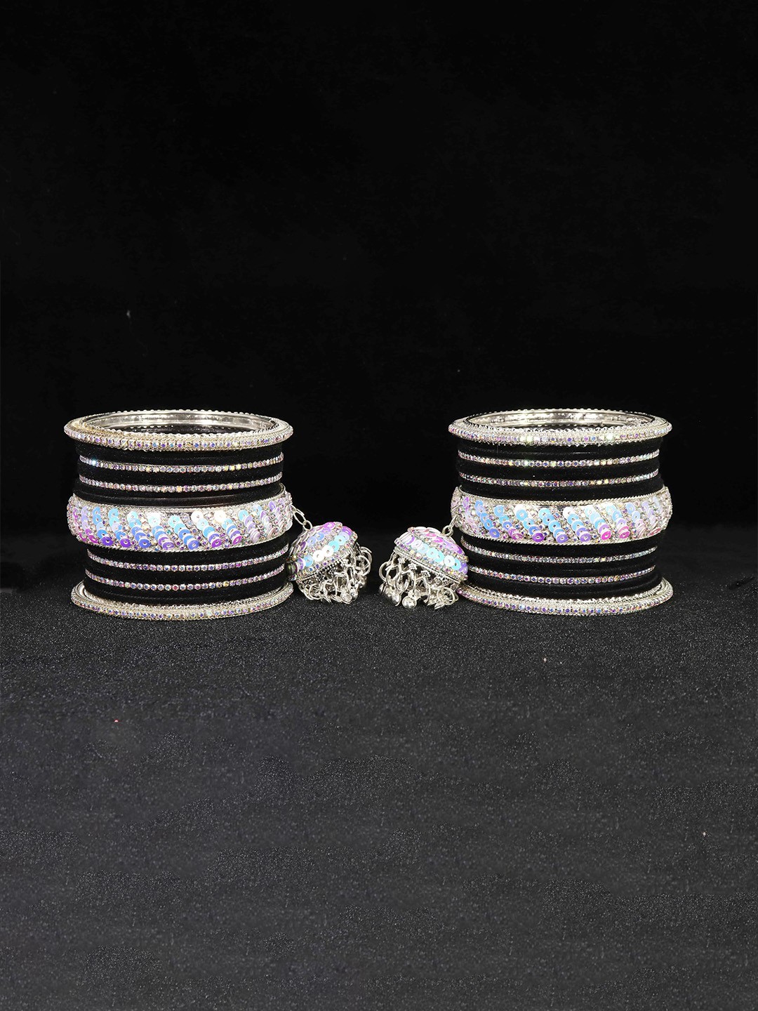 

ZULKA Set of 32 Glass with Velvet & Golden Zircon Diamond Stone Bangles, Green