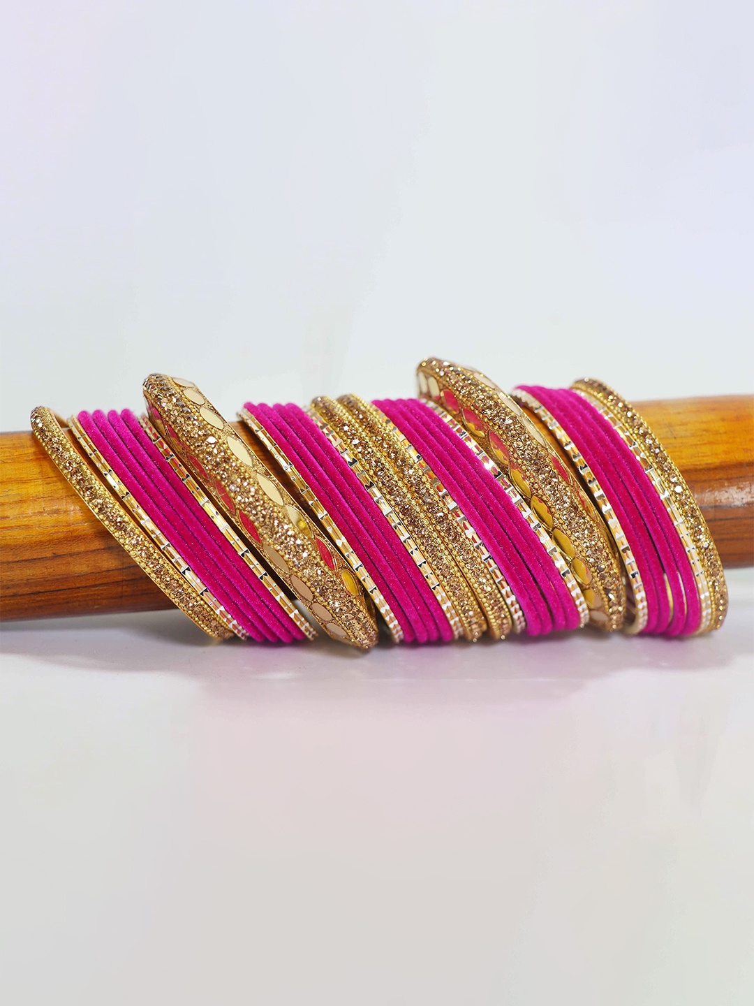 

ZULKA Set of 30 Gold Plated Metal with Zircon Stone & Beads Bangles, Pink