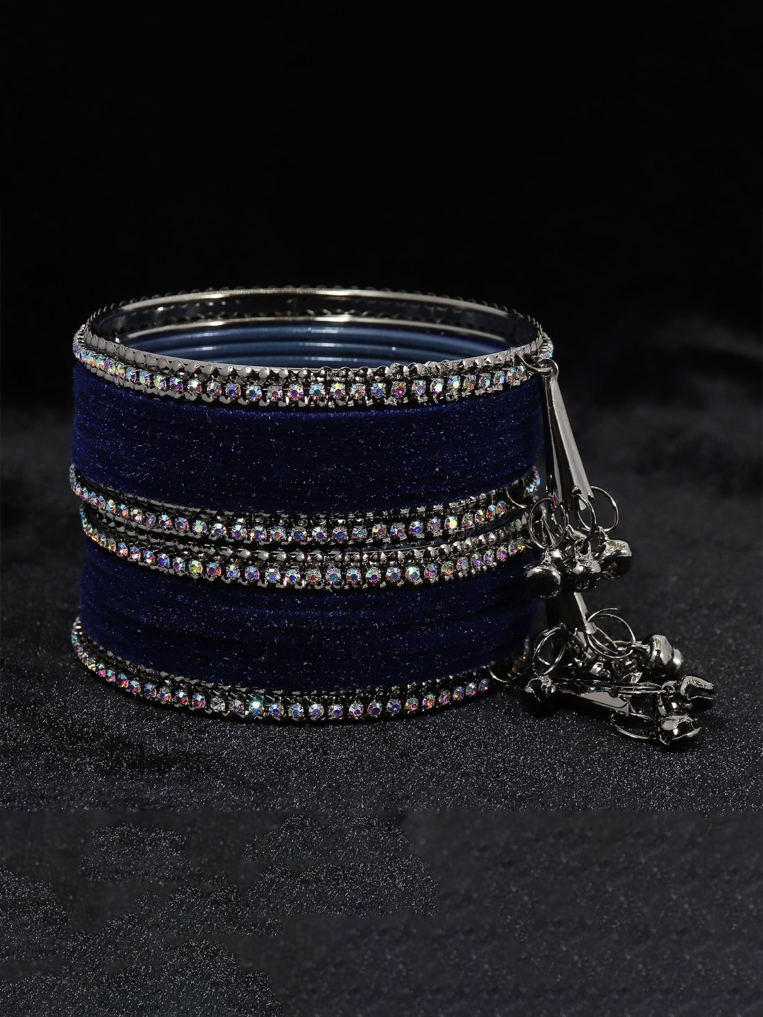 

ZULKA Set of 16 Metal with Zircon Gemstone and Velvet Adorned Bells Latkan Bangles, Peach