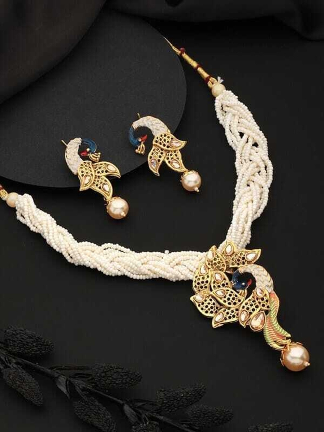 

RHOSYN Gold-Plated CZ Studded & Pearl Beaded Jewellery Set