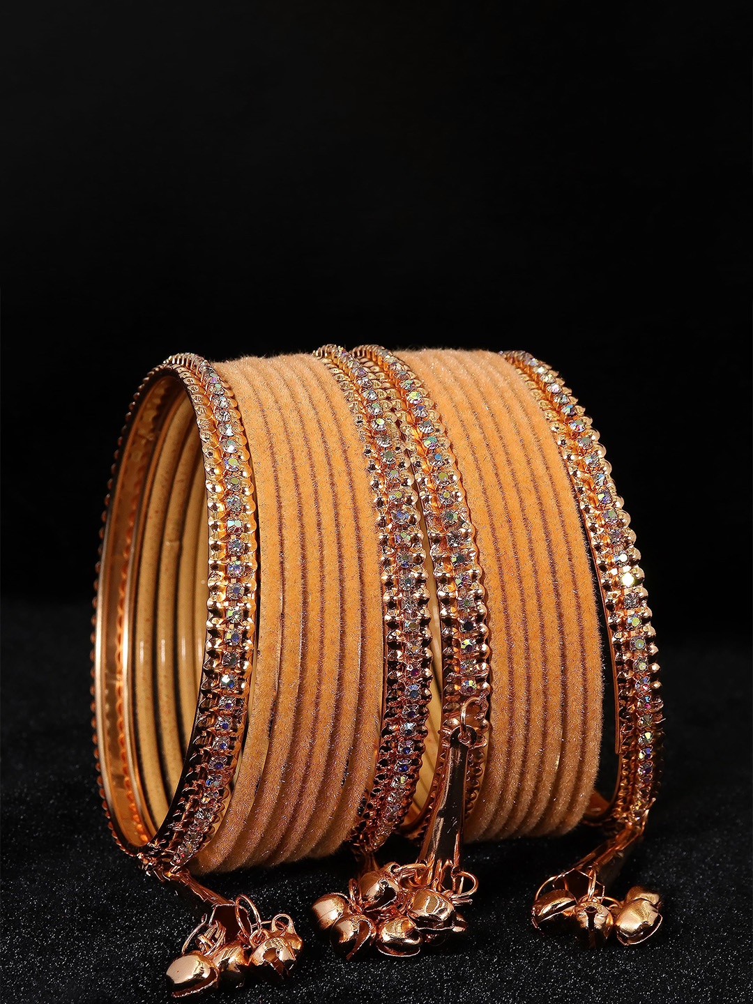 

ZULKA Set of 16 Metal with Zircon Gemstone and Velvet Studded Latkan Bangles, Blue