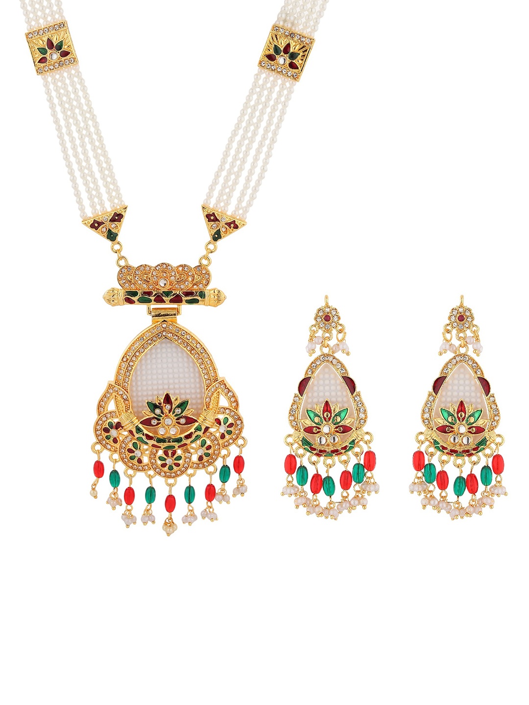 

RHOSYN Set Of 3 Gold-Plated CZ-Studded & Beaded Jewellery Set, Red