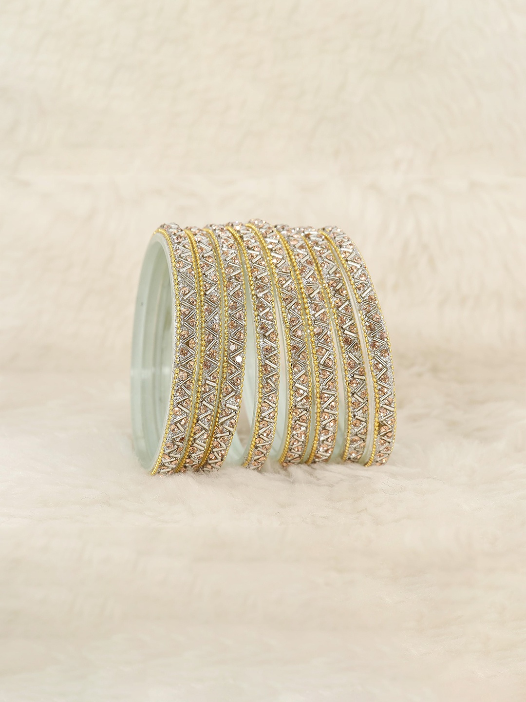 

ZULKA Set of 8 Women Zircon Gemstone Studded Glass Bangles, Silver
