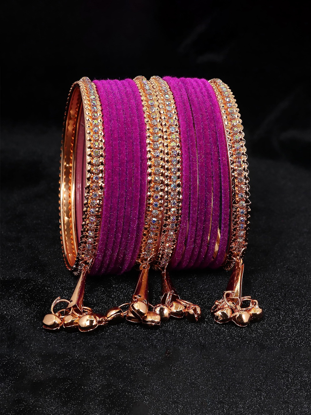 

ZULKA Set of 16 Metal with Zircon Gemstone and Velvet Studded Latkan Bangles, Red