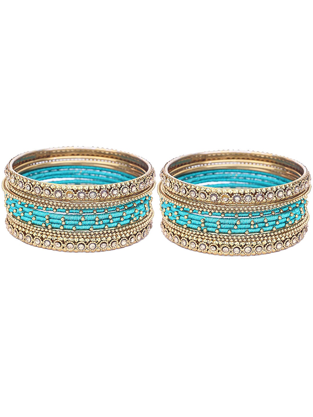 

ZULKA Set of 28 Metal With Zircon Gemstone Studded Traditional Bangles, Teal