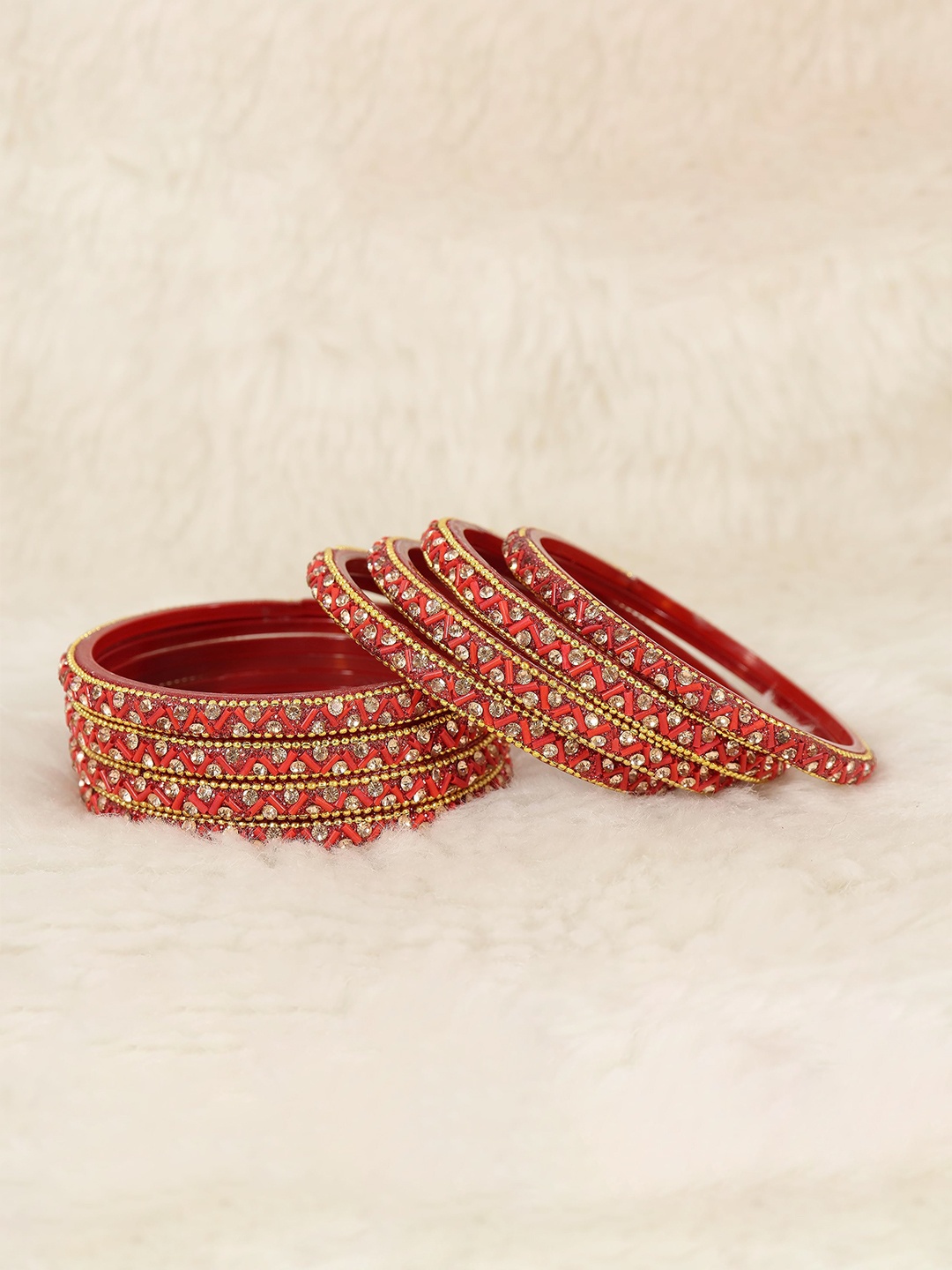 

ZULKA Set of 8 Glass Bangles Studded Zircon Gemstone and Beads, Red