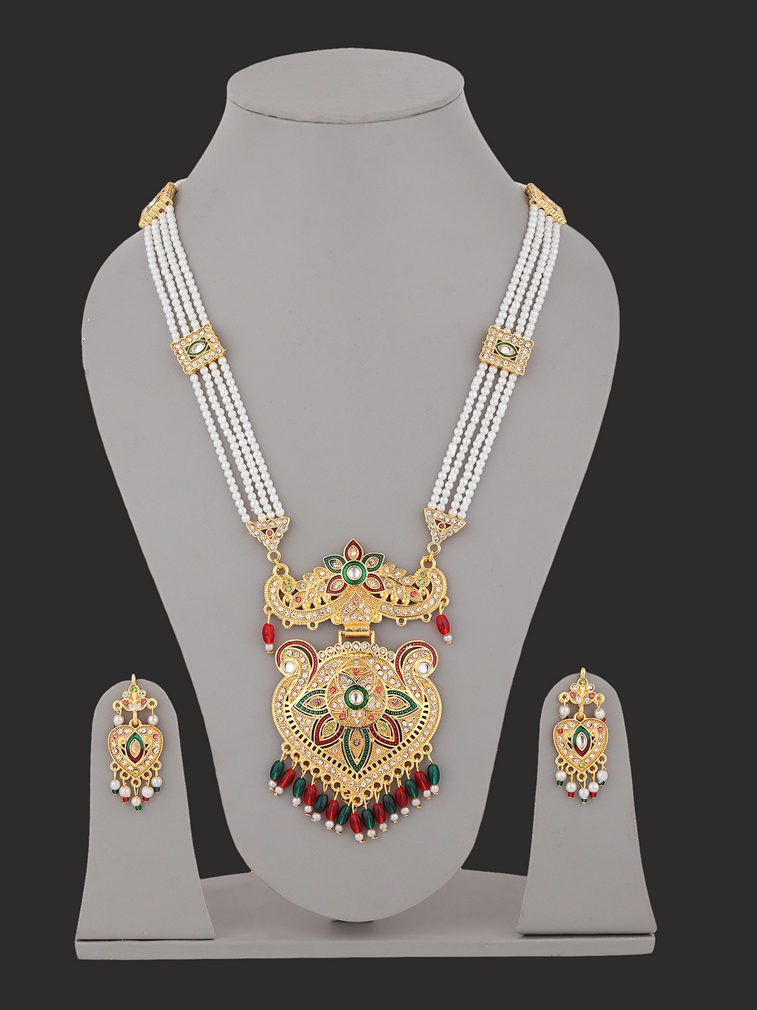 

RHOSYN Gold-Plated CZ Stone Studded & Beaded Jewellery Set