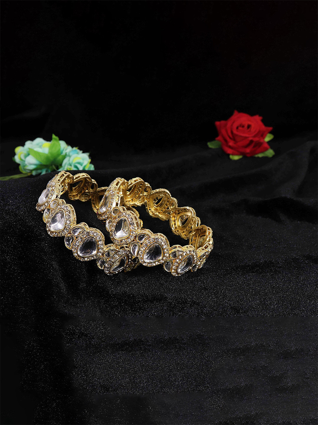 

ZULKA Set OF 2 Zircon Diamond Studded & Kundan Mirror Metal Kada Bangles, Gold