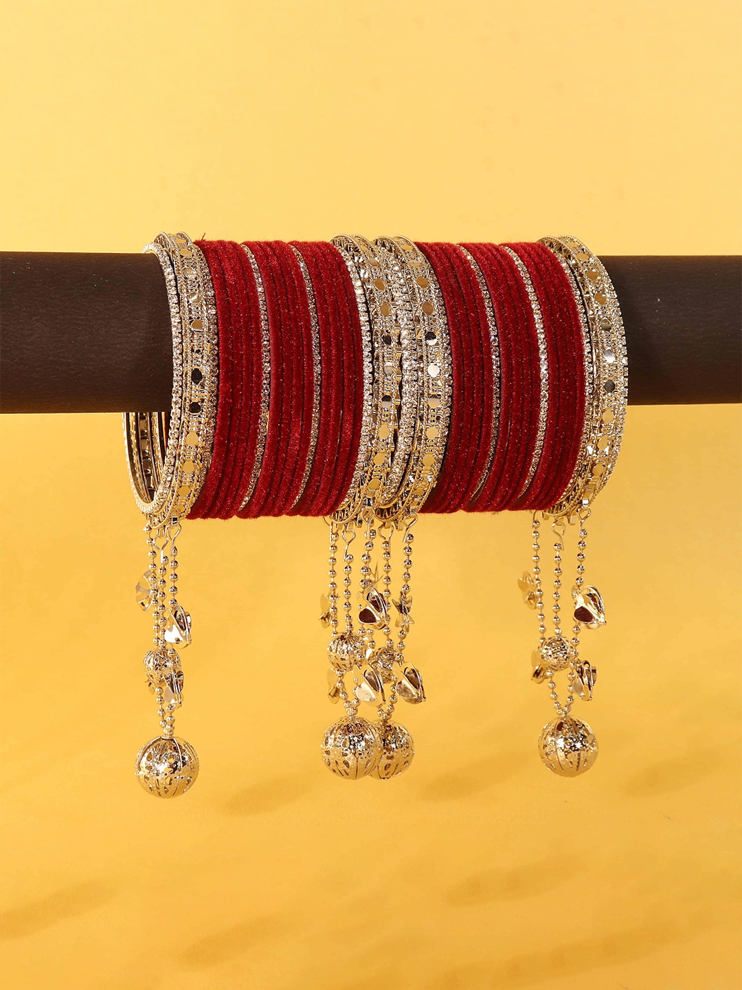 

ZULKA Set of 32 Silver Latkan Metal Bangles with Zircon Stone Bangle, Green