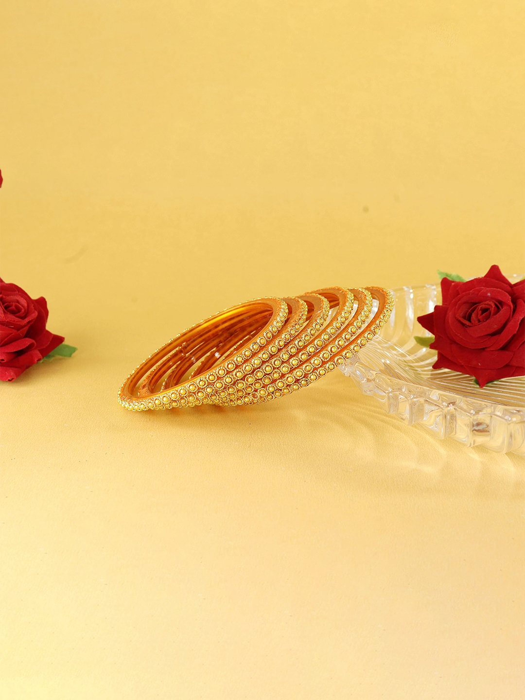 

ZULKA Set of 2 Diamond Engraved Pattern Glossy Finish Glass Bangles, Gold