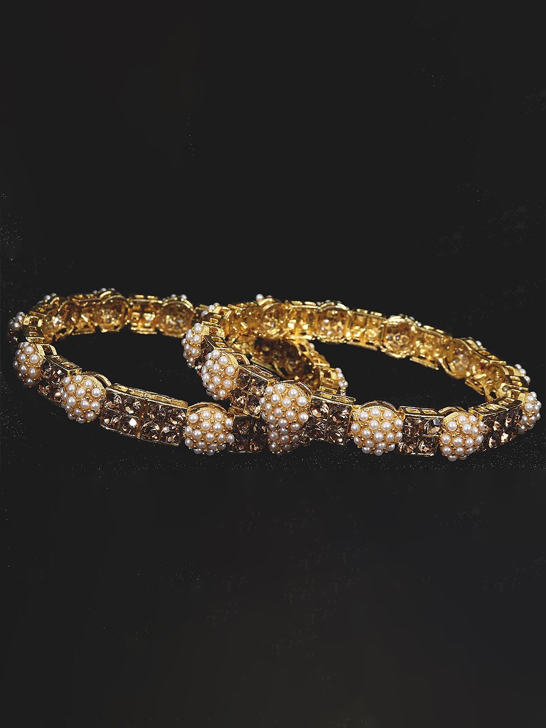 

ZULKA Set Of 2 Metal With Zircon Gemstone and Moon pearl Studded Bangles, Gold