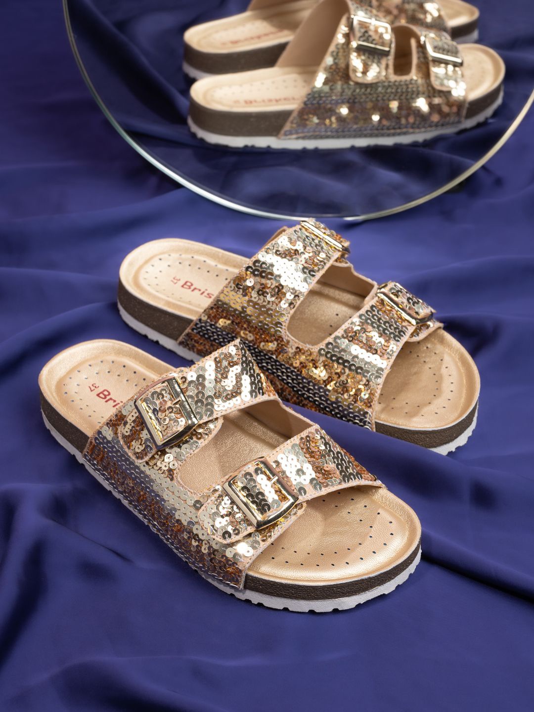 

BRISKERS Women Embellished Open Toe Flats with Buckles, Gold