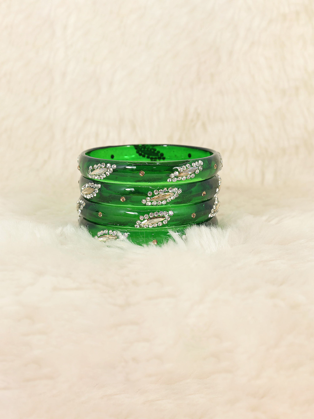 

ZULKA Set of 4 Glass Bangles Studded Zircon Gemstone Glass Bangles, Green